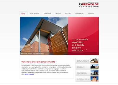A screenshot of the greswolde construction website home page