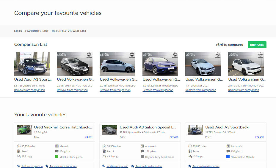 New favourites page, with radically reduced header content, and short, to the point compare button label