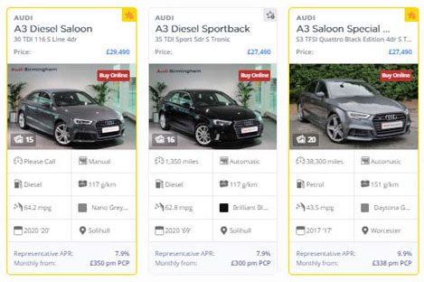 New vehicle listings page, with save and compare buttons added to the vehicle cards