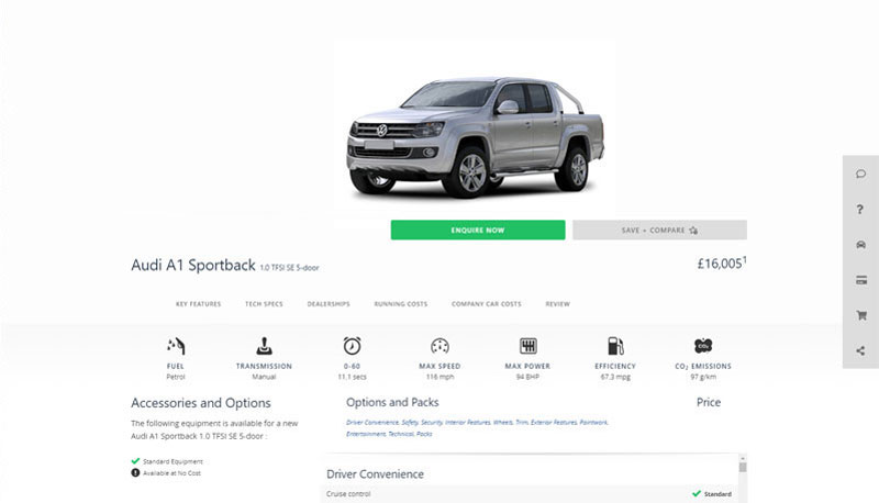 Prototype vehicle details page with CTA button tabs, with text link flyout closed