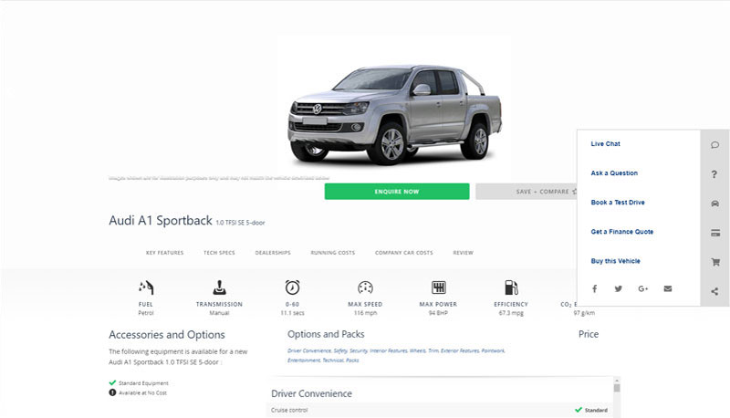 Prototype vehicle details page with CTA button tabs, with text link flyout open