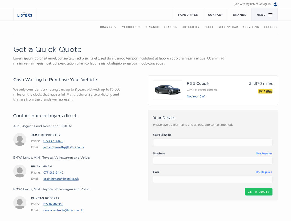 High fidelity wireframe of the next Sell Your Car page, with personal details form